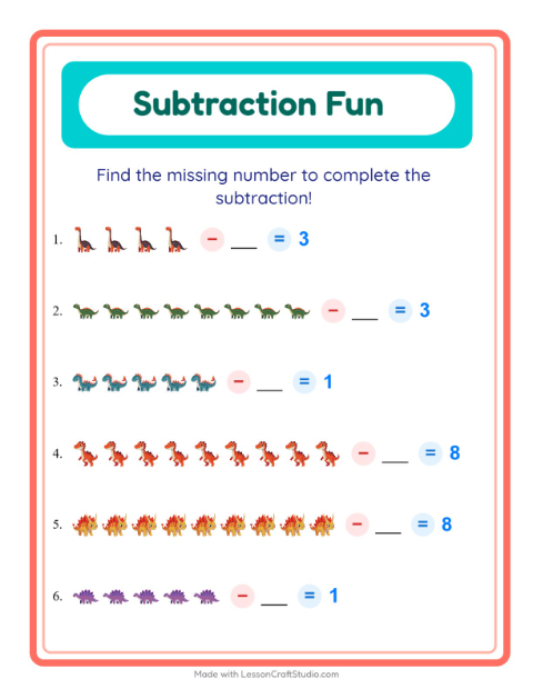 Preview of Subtraction worksheet featuring Dinosaurs for kindergarten