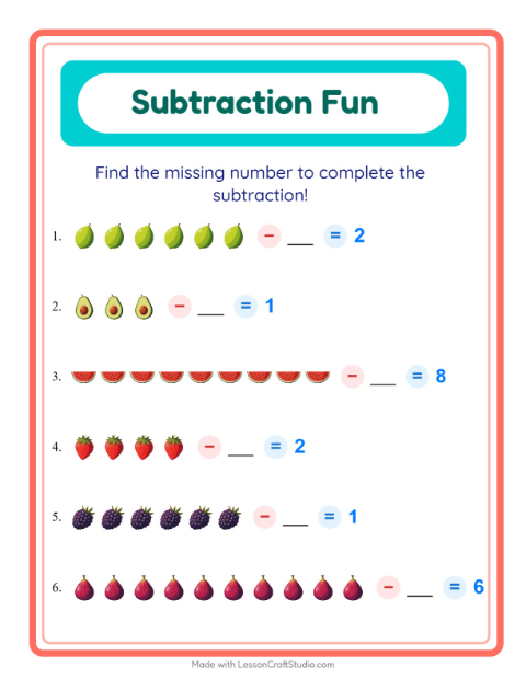 Preview of Subtraction worksheet featuring Fruits for kindergarten
