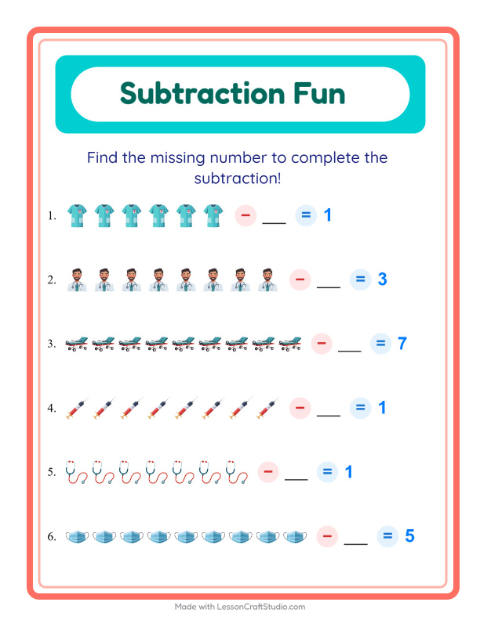Preview of Subtraction worksheet featuring Hospital for kindergarten
