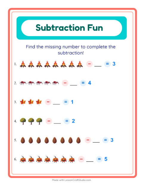 Preview of Subtraction worksheet featuring Miscellaneous for kindergarten
