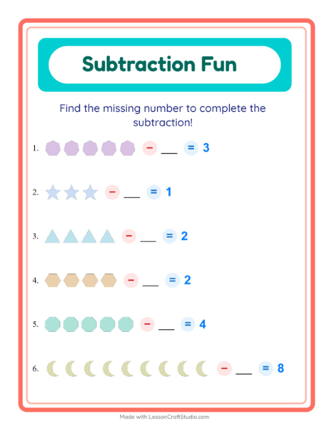 Preview of Subtraction worksheet featuring Shapes for kindergarten