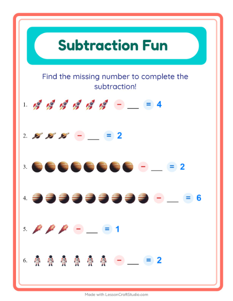 Preview of Subtraction worksheet featuring Space for kindergarten