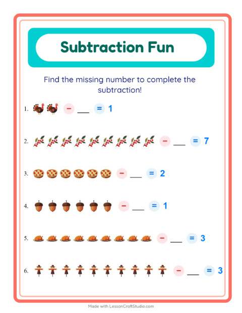 Preview of Subtraction worksheet featuring Thanksgiving for kindergarten
