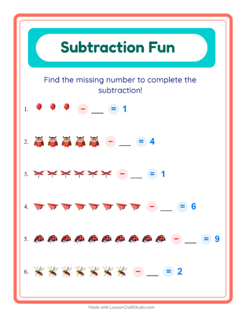 Preview of Subtraction worksheet featuring Things That Fly for kindergarten