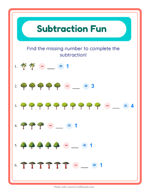 Preview of Subtraction worksheet featuring Dinosaurs for kindergarten