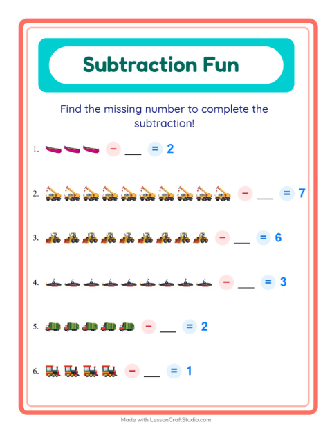 Preview of Subtraction worksheet featuring Vehicles for kindergarten