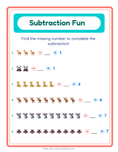 Preview of Subtraction worksheet featuring Zoo Animals for kindergarten