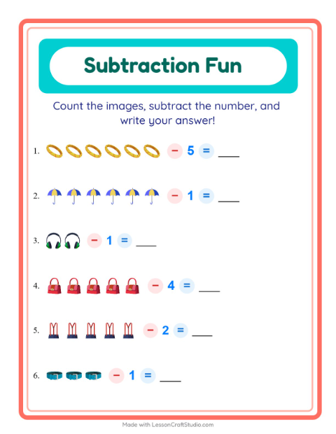 Preview of Subtraction worksheet featuring Accessories for kindergarten