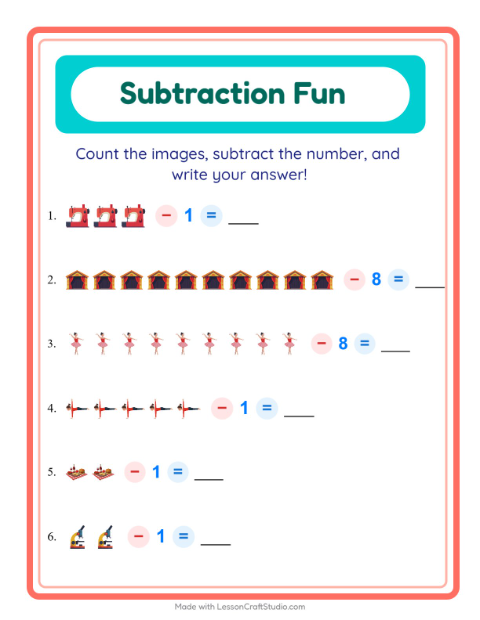 Preview of Subtraction worksheet featuring Activities for kindergarten