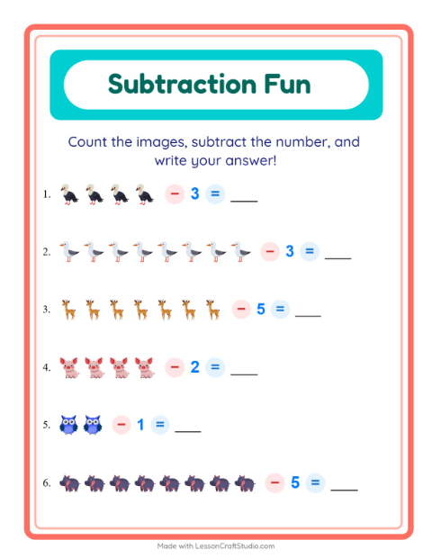 Preview of Subtraction worksheet featuring Animals for kindergarten