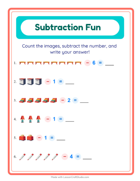Preview of Subtraction worksheet featuring Around the House for kindergarten