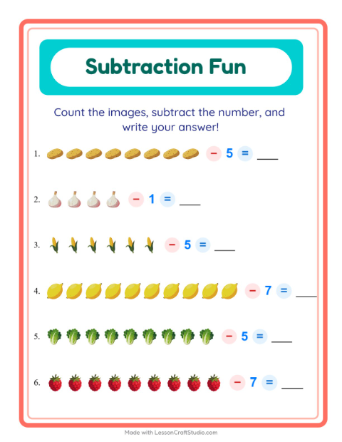 Preview of Subtraction worksheet featuring At the Supermarket for kindergarten