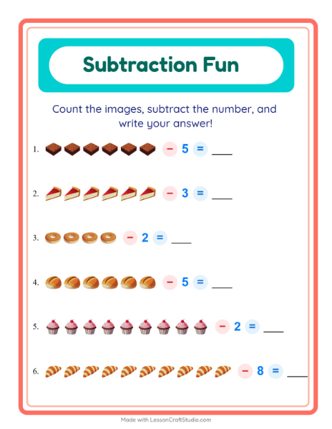 Preview of Subtraction worksheet featuring Bakery for kindergarten