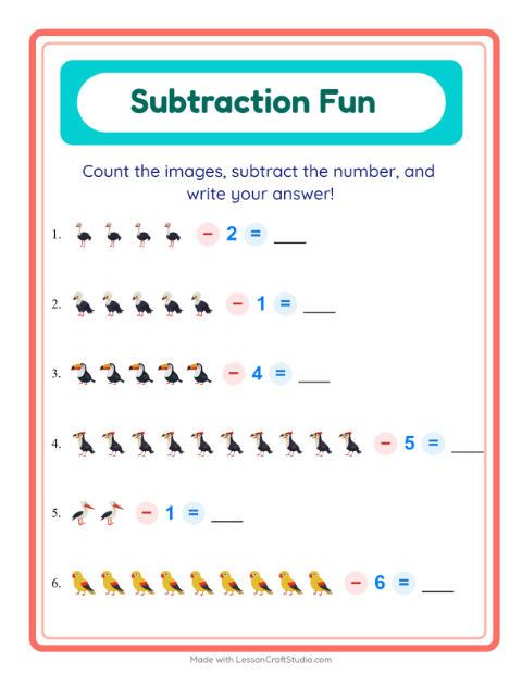 Preview of Subtraction worksheet featuring Birds for kindergarten