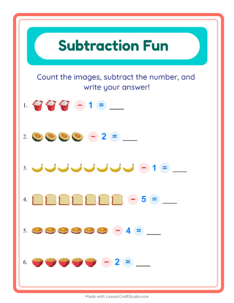 Preview of Subtraction worksheet featuring Breakfast for kindergarten