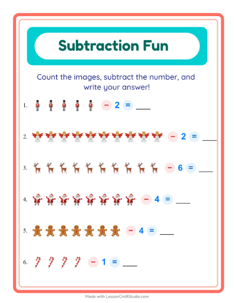 Preview of Subtraction worksheet featuring Christmas for kindergarten