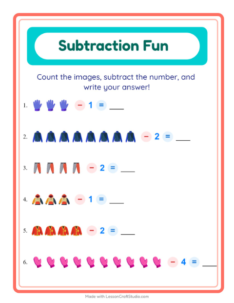 Preview of Subtraction worksheet featuring Clothing for kindergarten