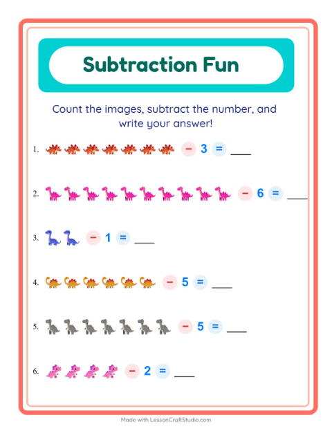 Preview of Subtraction worksheet featuring Dinosaurs for kindergarten