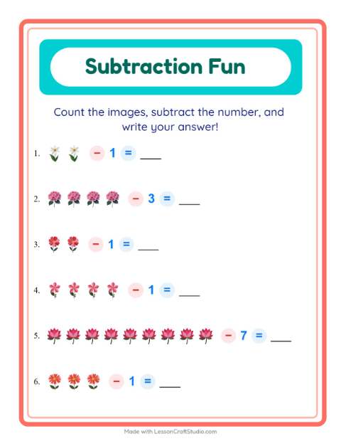 Preview of Subtraction worksheet featuring Flowers for kindergarten
