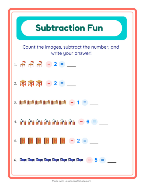 Preview of Subtraction worksheet featuring Summer for kindergarten