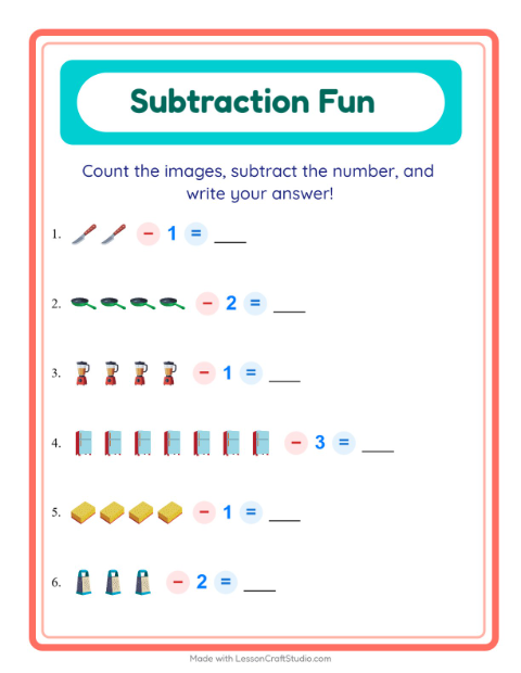 Preview of Subtraction worksheet featuring Kitchen Tools for kindergarten