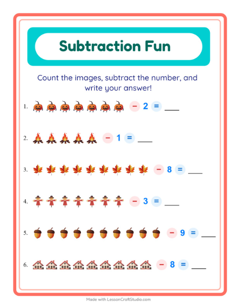 Preview of Subtraction worksheet featuring Miscellaneous for kindergarten
