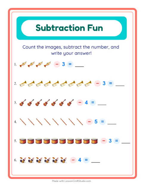Preview of Subtraction worksheet featuring Music for kindergarten