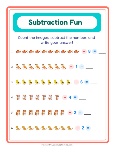 Preview of Subtraction worksheet featuring Pets for kindergarten
