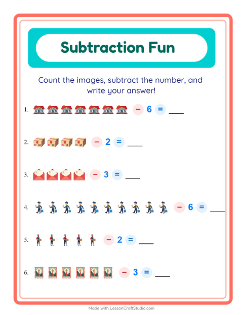 Preview of Subtraction worksheet featuring Post Office for kindergarten
