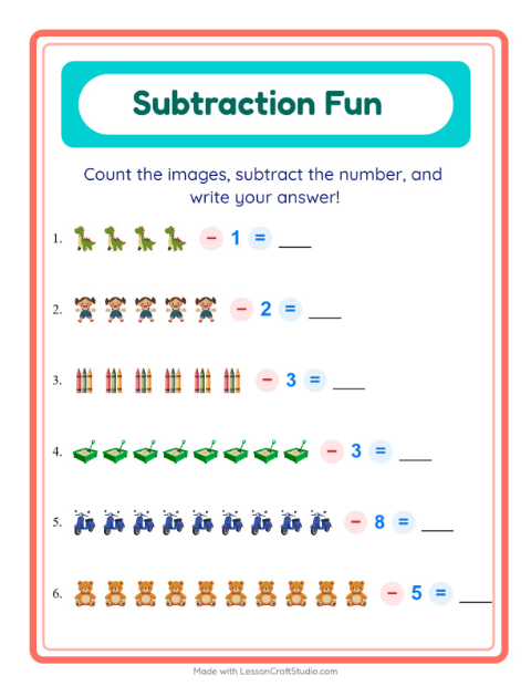 Preview of Subtraction worksheet featuring Toys for kindergarten