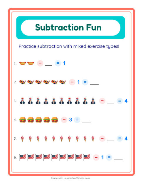 Preview of Subtraction worksheet featuring 4th of July for kindergarten