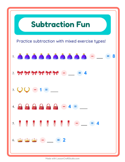 Preview of Subtraction worksheet featuring Accessories for kindergarten
