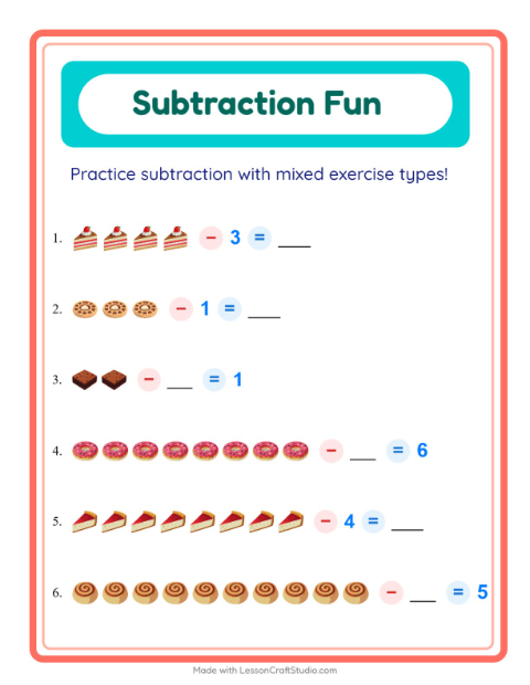 Preview of Subtraction worksheet featuring Bakery for kindergarten