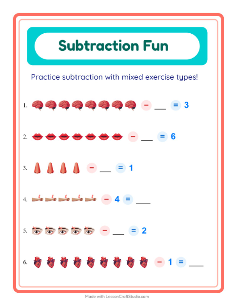 Preview of Subtraction worksheet featuring Body Parts for kindergarten