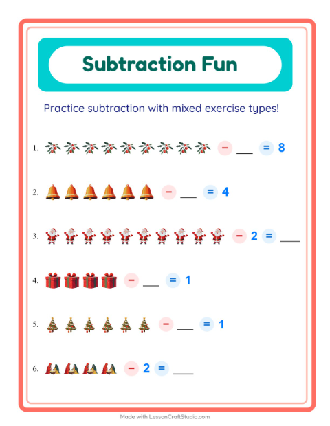 Preview of Subtraction worksheet featuring Christmas for kindergarten