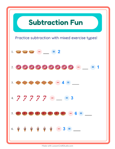 Preview of Subtraction worksheet featuring Desserts and Sweets for kindergarten