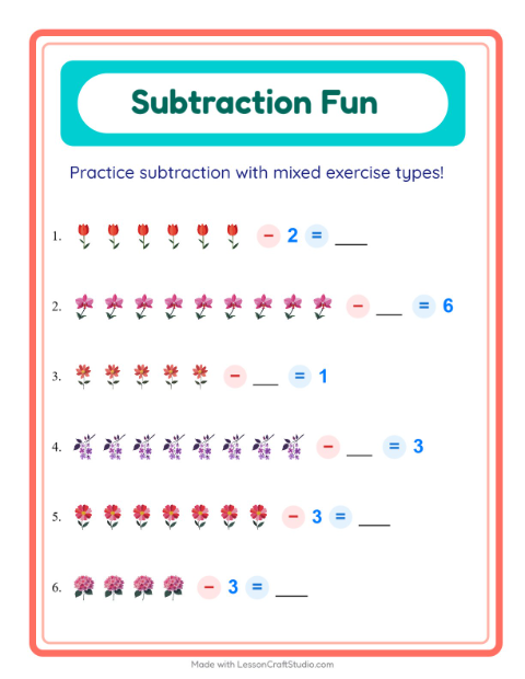 Preview of Subtraction worksheet featuring Flowers for kindergarten