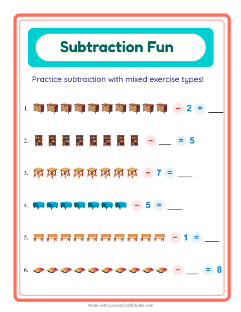 Preview of Subtraction worksheet featuring Furniture for kindergarten