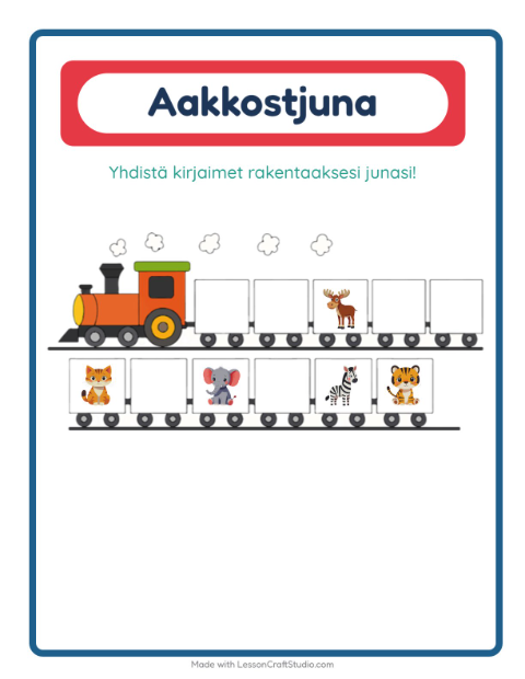 Esikatselu: Aakkosjuna-tehtäväarkki, aiheena Eläimet, Varhaiskasvatus