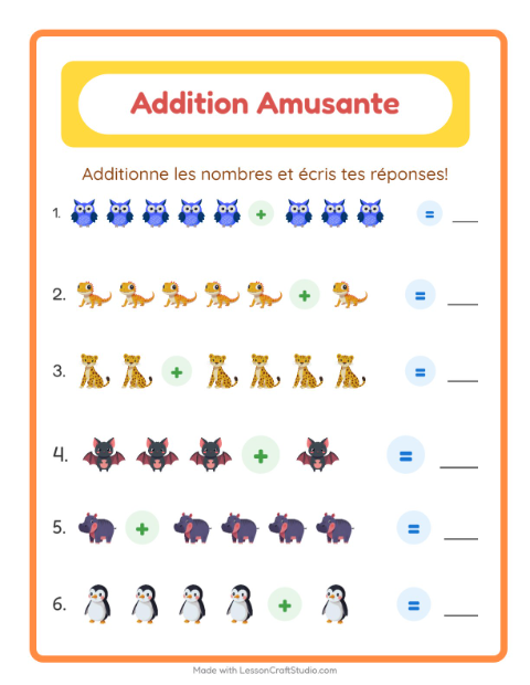 Aperçu de la fiche Addition avec Animaux pour École maternelle (grande section, 5-7 ans)