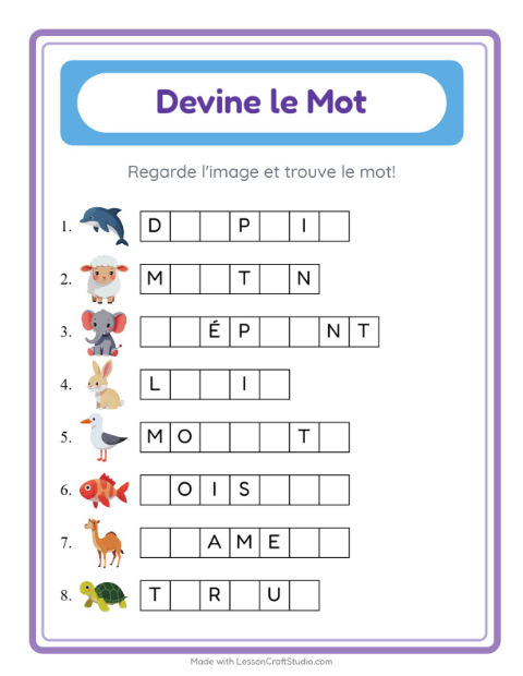 Aperçu de la fiche Devine Le Mot avec Animaux pour École maternelle (grande section, 5-7 ans)