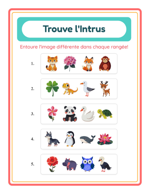 Aperçu de la fiche L'intrus avec Animaux pour École maternelle (grande section, 5-7 ans)