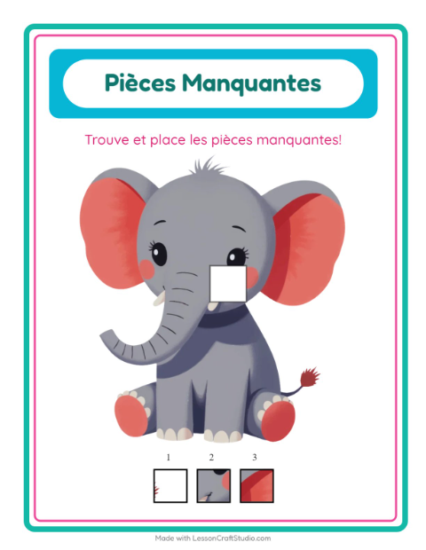 Aperçu de la fiche Pièces Manquantes avec Animaux pour École maternelle (grande section, 5-7 ans)