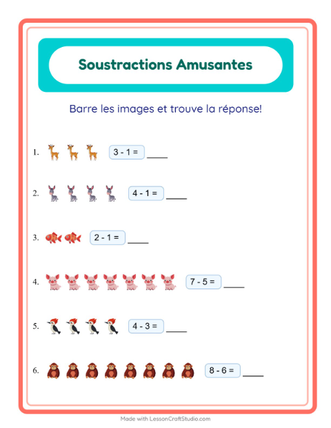 Aperçu de la fiche Soustraction avec Animaux pour École maternelle (grande section, 5-7 ans)