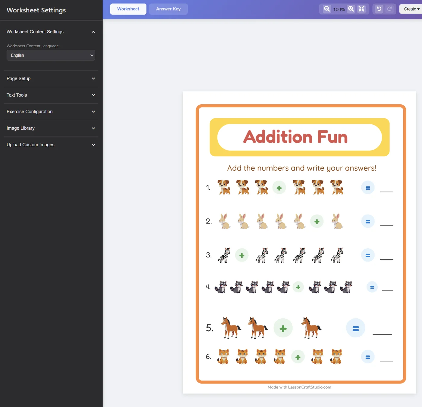 The worksheet maker: a control sidebar (page setup, exercise configuration, image library, upload your own) beside a finished addition worksheet with real illustrations