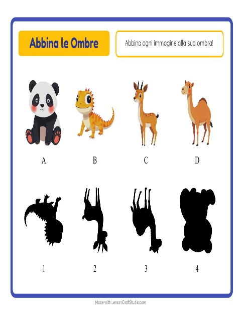 Anteprima della scheda di Abbina Le Ombre con Animali per Scuola dell'infanzia (5-7 anni)