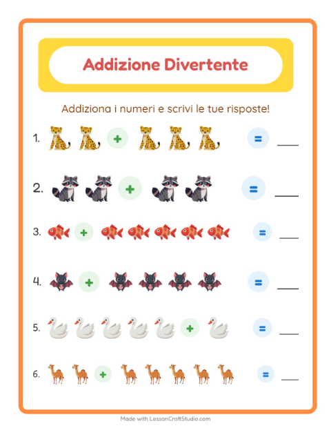 Anteprima della scheda di Addizione con Animali per Scuola dell'infanzia (5-7 anni)
