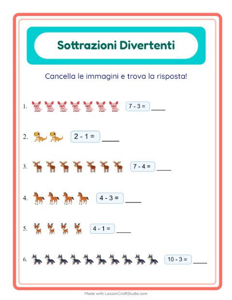Anteprima della scheda di Sottrazione con Animali per Scuola dell'infanzia (5-7 anni)