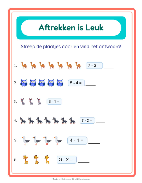 Voorbeeld van het Aftrekken-werkblad met Dieren voor kleuterklas