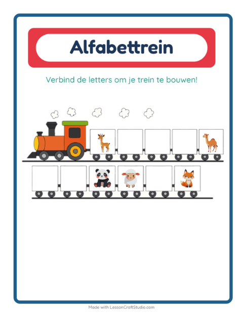 Voorbeeld van het Alfabettrein-werkblad met Dieren voor peuterklas